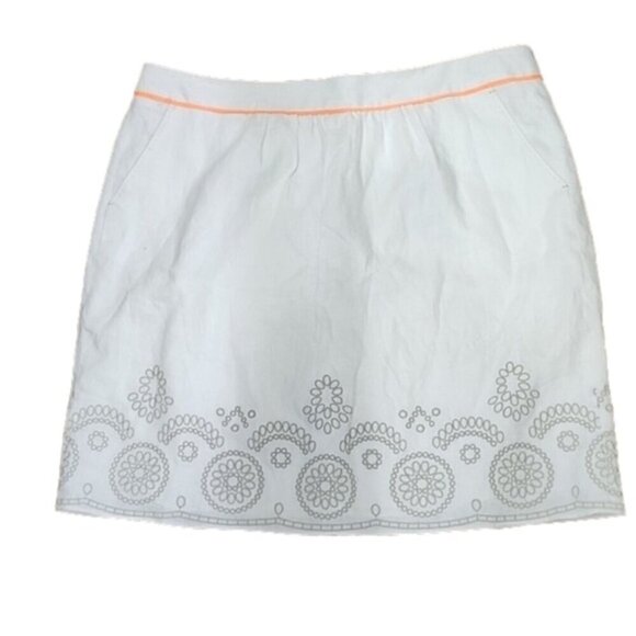 Tahari Skirt Mini Linen White Lined embroidery pockets belt Womens 16 - Picture 1 of 8